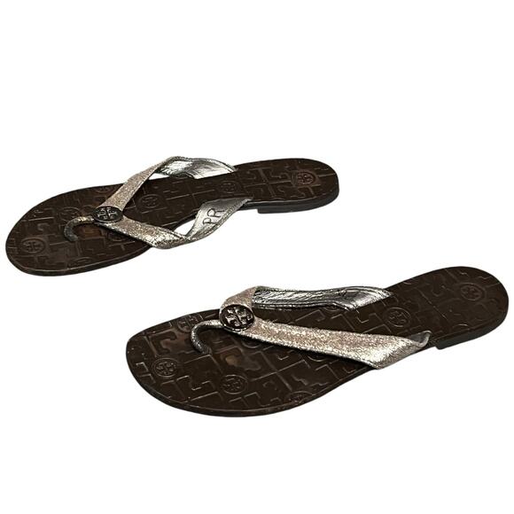 Tory Burch Thora Thong Sandal 9 Brown Glitter Leather Flip Flops Logo Medallion - Picture 2 of 16